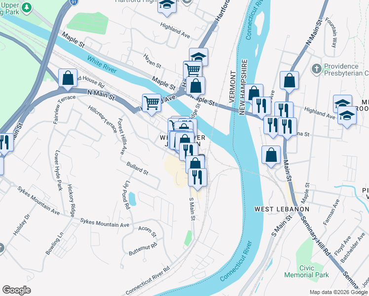 map of restaurants, bars, coffee shops, grocery stores, and more near in Hartford