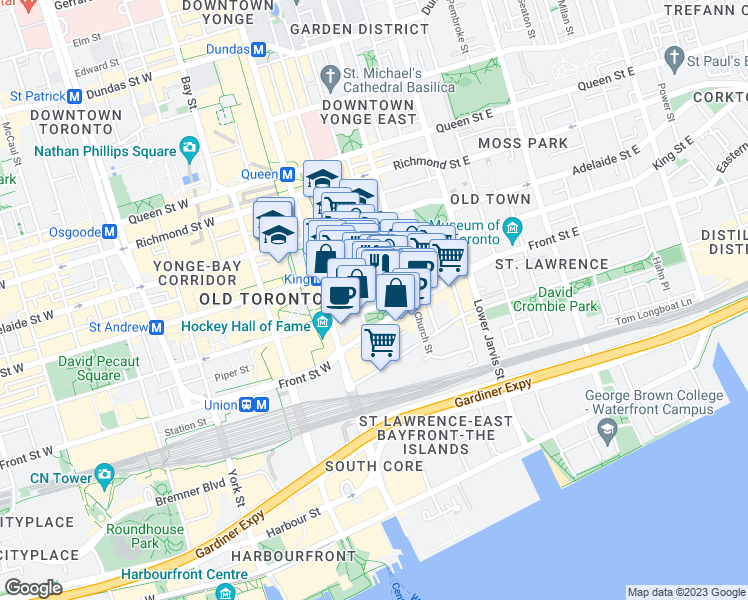 map of restaurants, bars, coffee shops, grocery stores, and more near 32 Leader Lane in Toronto
