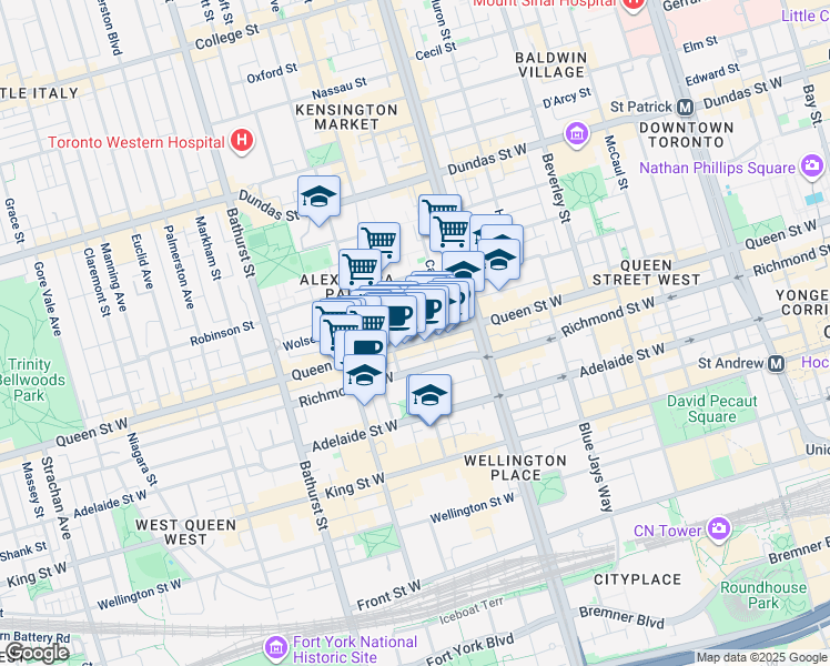 map of restaurants, bars, coffee shops, grocery stores, and more near 543 Queen Street West in Toronto