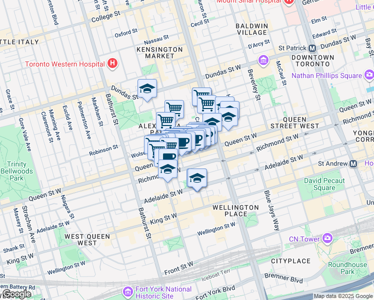 map of restaurants, bars, coffee shops, grocery stores, and more near 543 Queen Street West in Toronto