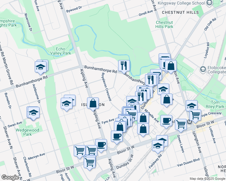 map of restaurants, bars, coffee shops, grocery stores, and more near in Toronto