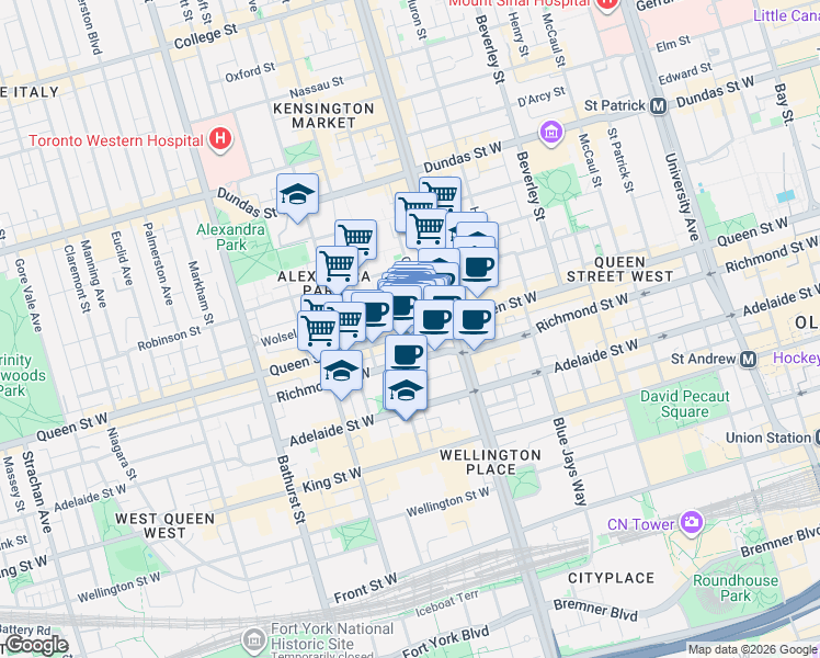 map of restaurants, bars, coffee shops, grocery stores, and more near 422 Queen Street West in Toronto