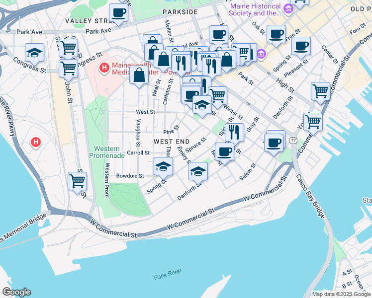 map of restaurants, bars, coffee shops, grocery stores, and more near 85 Spruce Street in Portland