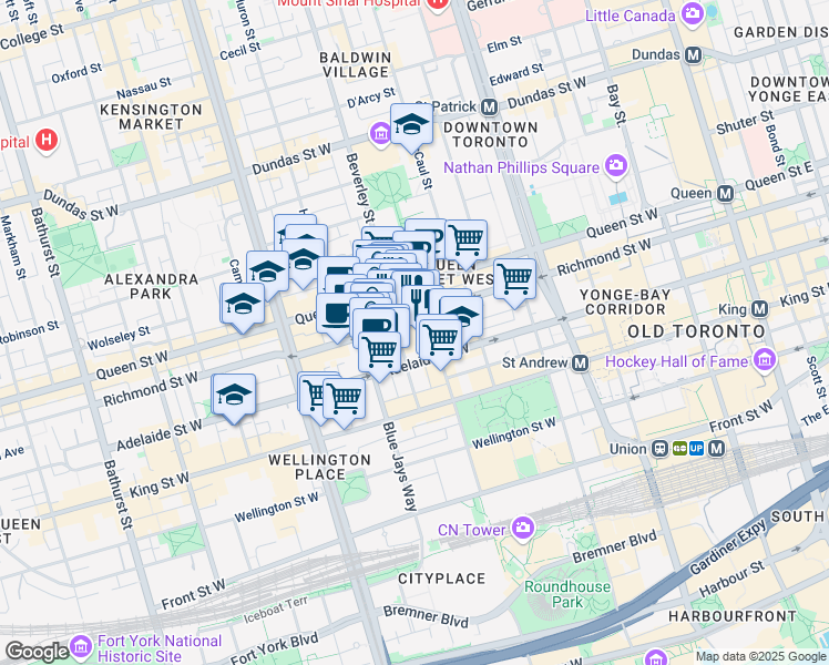 map of restaurants, bars, coffee shops, grocery stores, and more near in Toronto