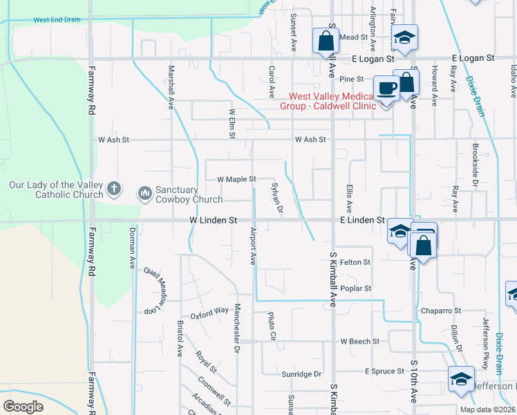 map of restaurants, bars, coffee shops, grocery stores, and more near 2415 Airport Ave in Caldwell