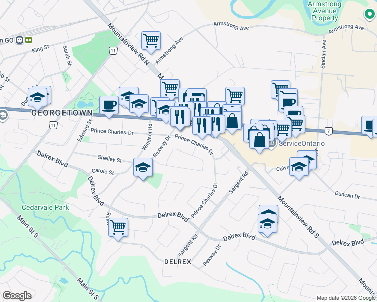 map of restaurants, bars, coffee shops, grocery stores, and more near 76 McIntyre Crescent in Halton Hills
