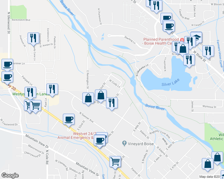map of restaurants, bars, coffee shops, grocery stores, and more near 466 East 51st Street in Garden City