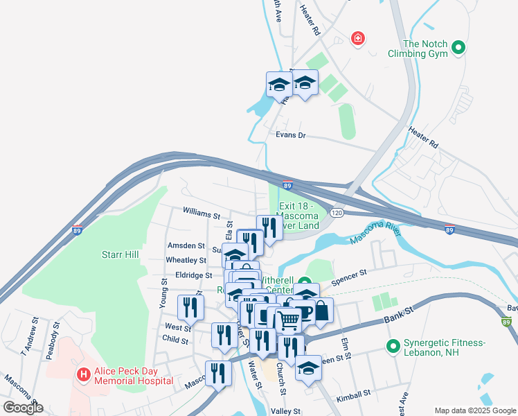 map of restaurants, bars, coffee shops, grocery stores, and more near 137 Hanover Street in Lebanon