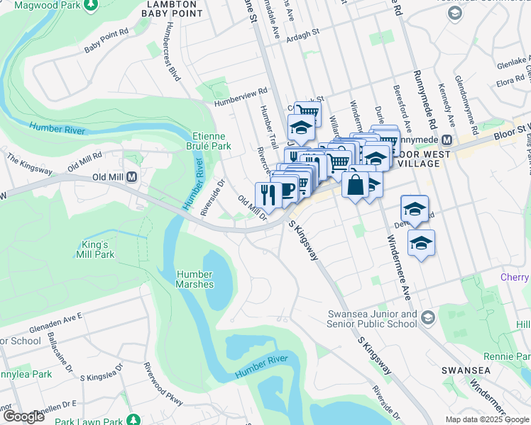 map of restaurants, bars, coffee shops, grocery stores, and more near 5 Old Mill Drive in Toronto