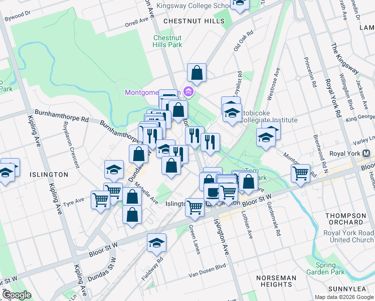 map of restaurants, bars, coffee shops, grocery stores, and more near 1286 Islington Avenue in Toronto