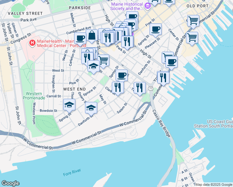 map of restaurants, bars, coffee shops, grocery stores, and more near 106 Gray Street in Portland