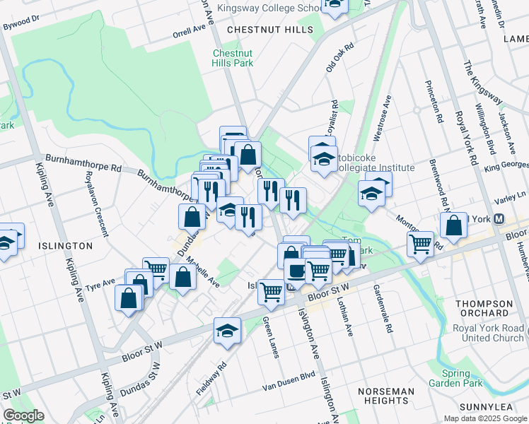 map of restaurants, bars, coffee shops, grocery stores, and more near 1280 Islington Avenue in Toronto