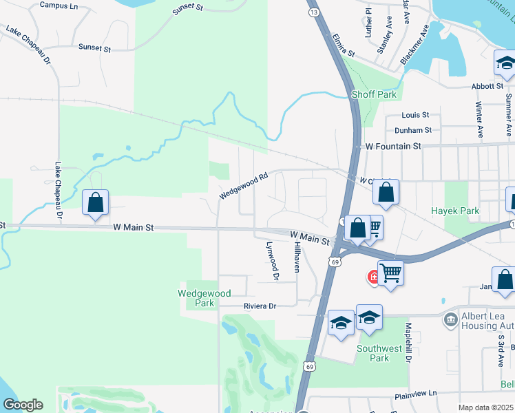 map of restaurants, bars, coffee shops, grocery stores, and more near 215 Will-O-Bruce Drive in Albert Lea