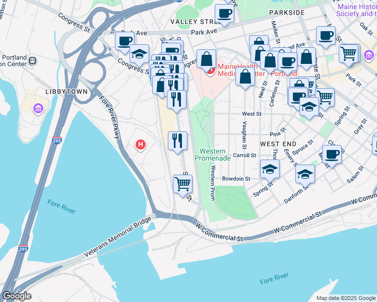 map of restaurants, bars, coffee shops, grocery stores, and more near 147 Saint John Street in Portland