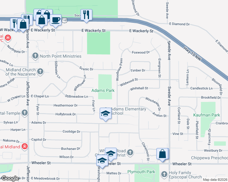 map of restaurants, bars, coffee shops, grocery stores, and more near 5601 Woodview Pass in Midland