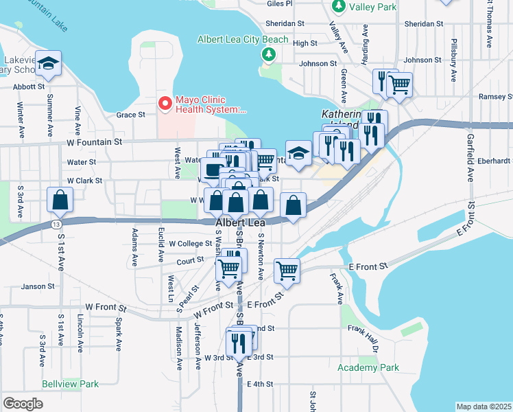 map of restaurants, bars, coffee shops, grocery stores, and more near 218 South Newton Avenue in Albert Lea