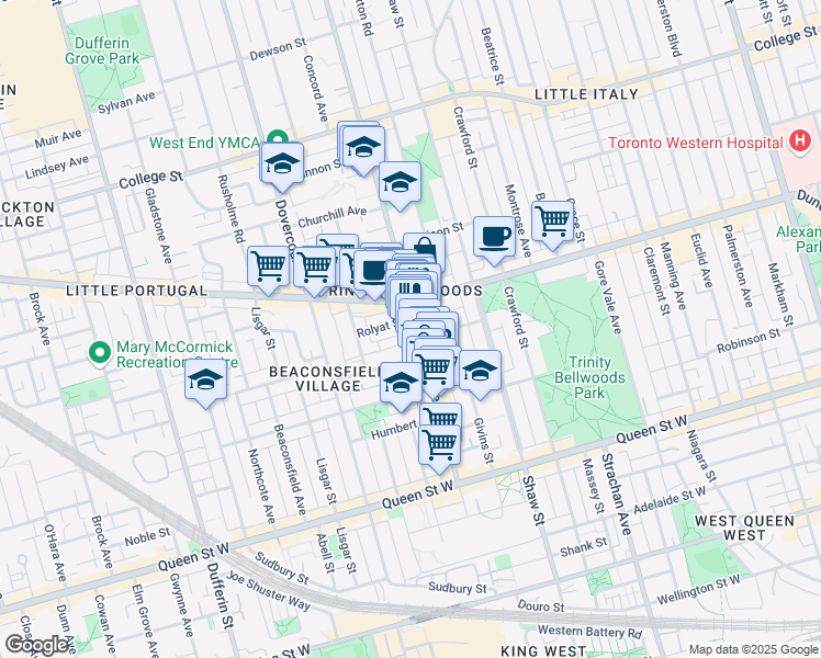 map of restaurants, bars, coffee shops, grocery stores, and more near 190 Ossington Avenue in Toronto
