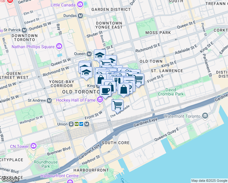 map of restaurants, bars, coffee shops, grocery stores, and more near in Toronto