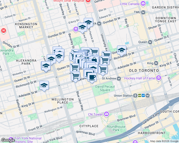 map of restaurants, bars, coffee shops, grocery stores, and more near 80 Nelson Street in Toronto