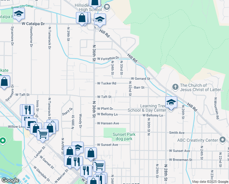 map of restaurants, bars, coffee shops, grocery stores, and more near 3161 North 33rd Street in Boise