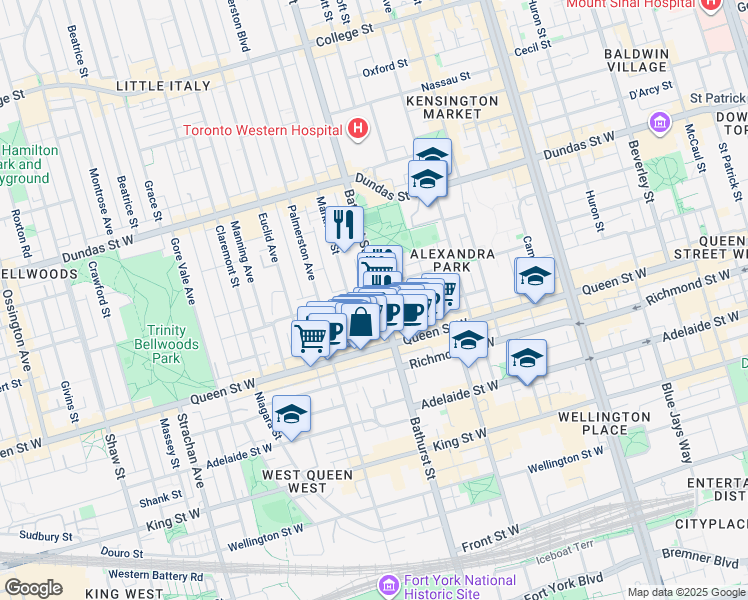 map of restaurants, bars, coffee shops, grocery stores, and more near 238 A Bathurst Street in Toronto