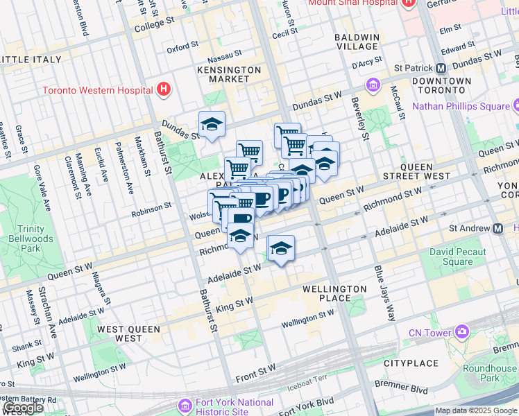 map of restaurants, bars, coffee shops, grocery stores, and more near 543 Queen Street West in Toronto