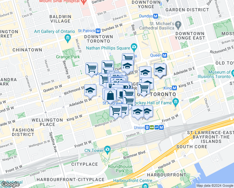 map of restaurants, bars, coffee shops, grocery stores, and more near 170 University Avenue in Toronto