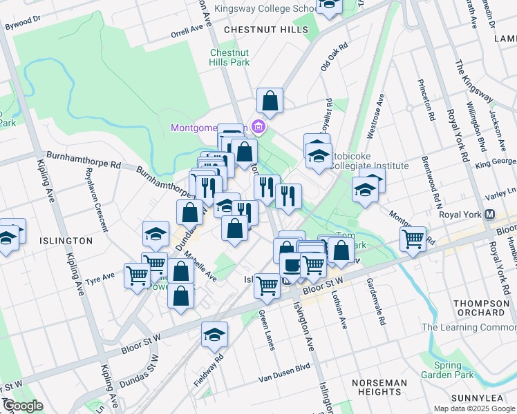 map of restaurants, bars, coffee shops, grocery stores, and more near 1286 Islington Avenue in Toronto