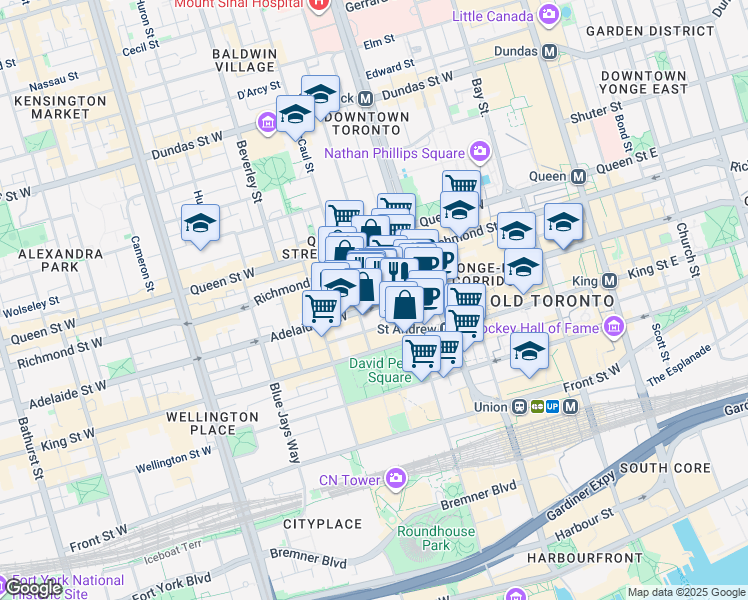 map of restaurants, bars, coffee shops, grocery stores, and more near 220 Adelaide Street West in Toronto