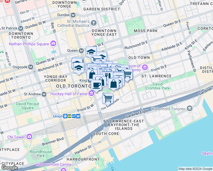 map of restaurants, bars, coffee shops, grocery stores, and more near 32 Leader Lane in Toronto