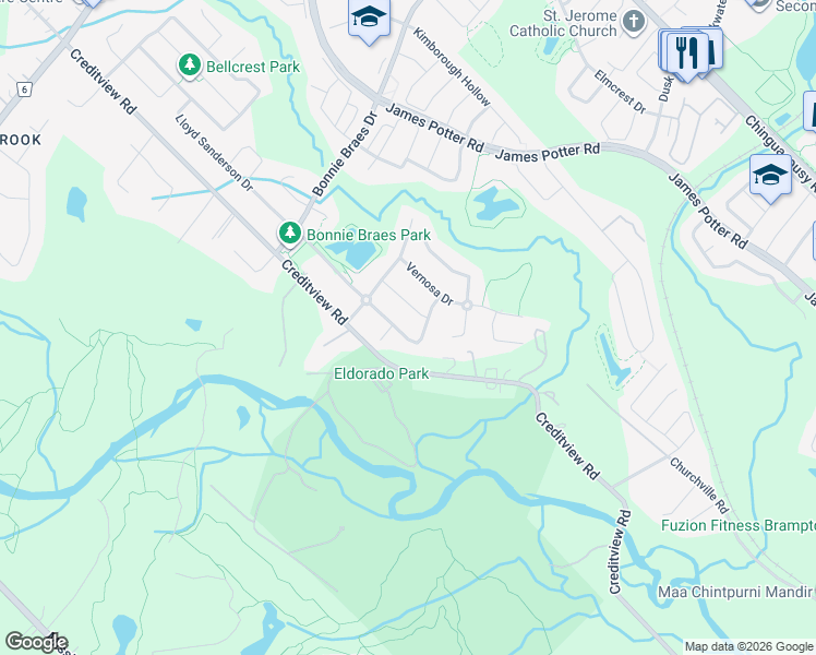 map of restaurants, bars, coffee shops, grocery stores, and more near 13 Lloyd Sanderson Drive in Brampton