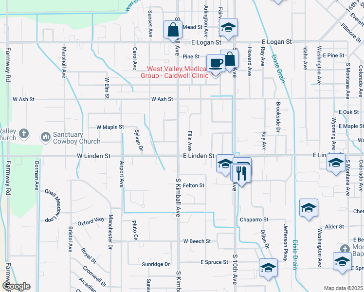 map of restaurants, bars, coffee shops, grocery stores, and more near 105 Walnut Street in Caldwell