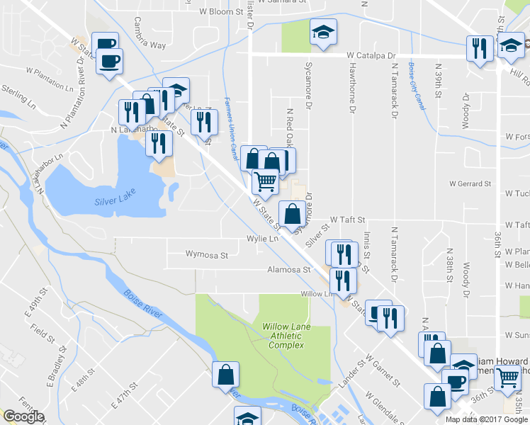 map of restaurants, bars, coffee shops, grocery stores, and more near 4716 W State St in Boise