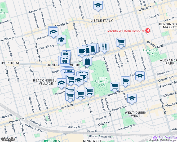 map of restaurants, bars, coffee shops, grocery stores, and more near 221 Crawford Street in Toronto