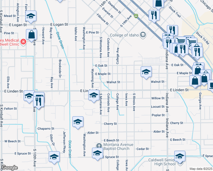 map of restaurants, bars, coffee shops, grocery stores, and more near 2410 Colorado Avenue in Caldwell