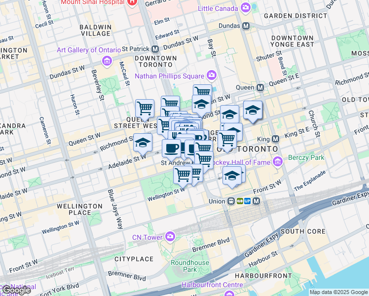 map of restaurants, bars, coffee shops, grocery stores, and more near 181 University Avenue in Toronto