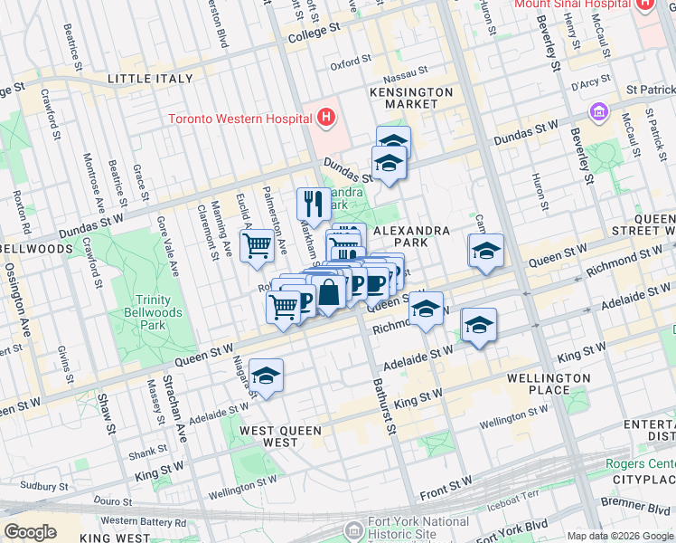 map of restaurants, bars, coffee shops, grocery stores, and more near 226 Bathurst Street in Toronto