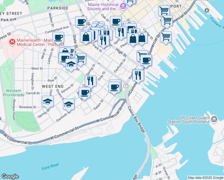 map of restaurants, bars, coffee shops, grocery stores, and more near 22 Tate Street in Portland