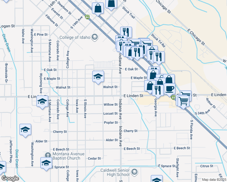 map of restaurants, bars, coffee shops, grocery stores, and more near 1917 East Linden Street in Caldwell