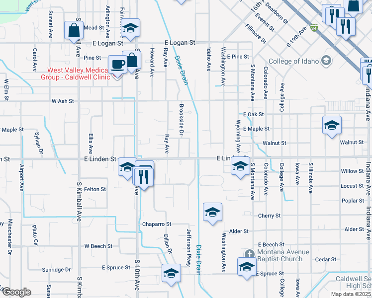 map of restaurants, bars, coffee shops, grocery stores, and more near 2415 Brookside Drive in Caldwell