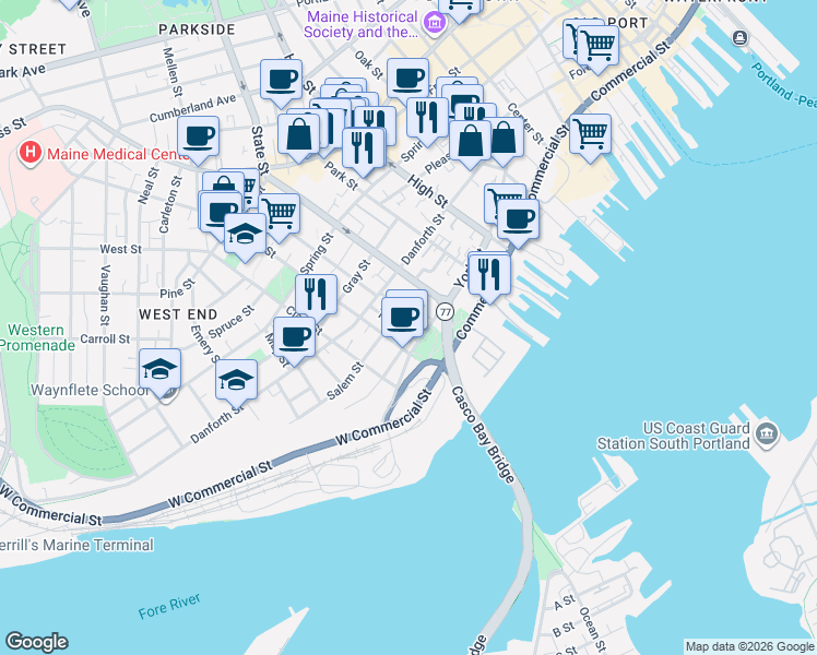 map of restaurants, bars, coffee shops, grocery stores, and more near 231 York Street in Portland