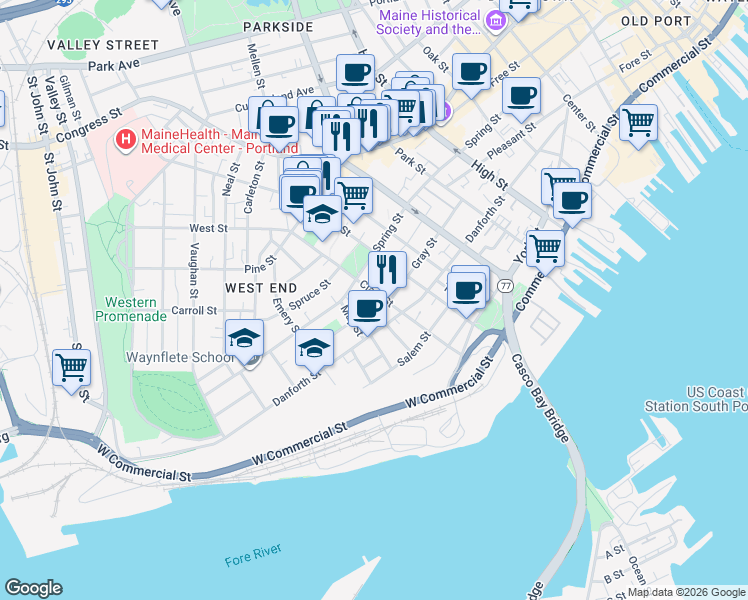 map of restaurants, bars, coffee shops, grocery stores, and more near 112 Clark Street in Portland