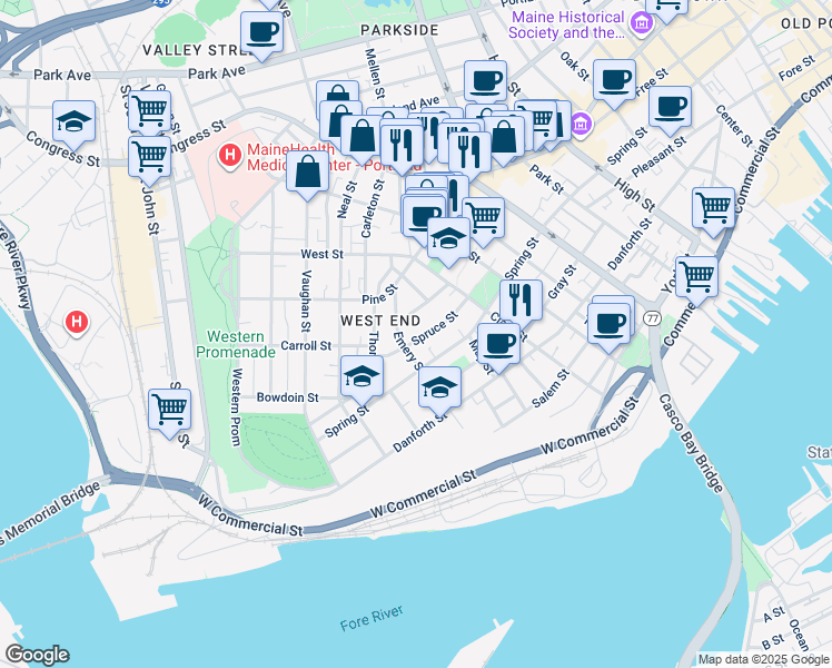 map of restaurants, bars, coffee shops, grocery stores, and more near 83 Spruce Street in Portland