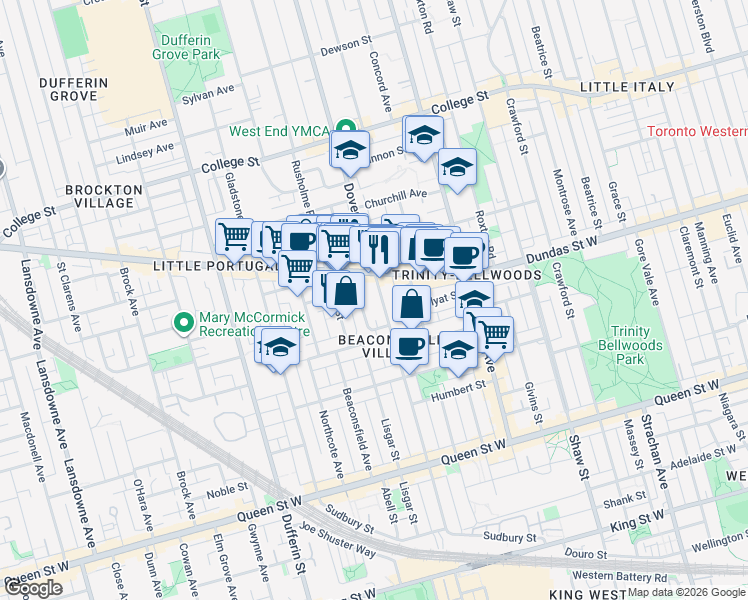 map of restaurants, bars, coffee shops, grocery stores, and more near in Toronto