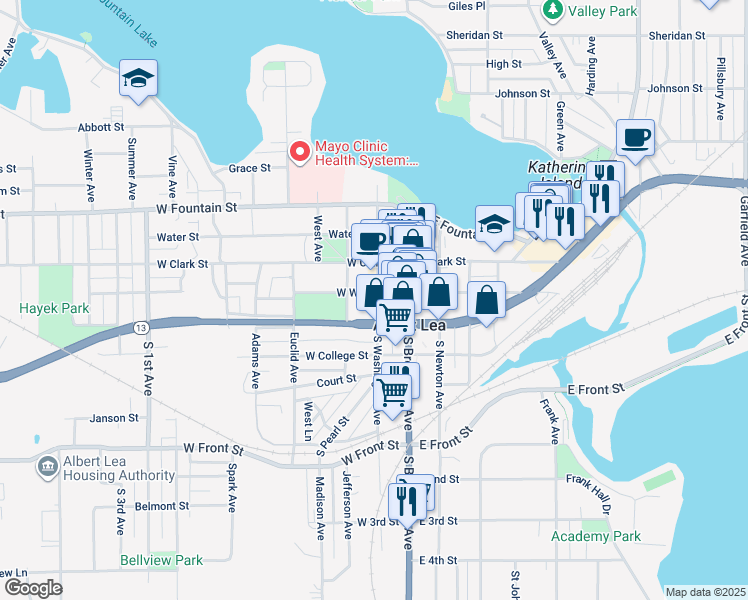 map of restaurants, bars, coffee shops, grocery stores, and more near 212 South Washington Avenue in Albert Lea