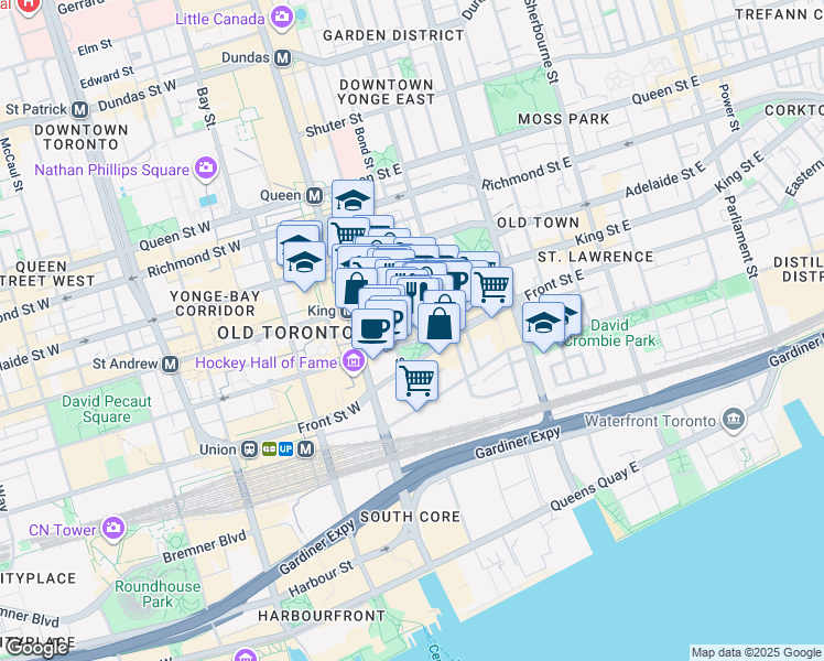 map of restaurants, bars, coffee shops, grocery stores, and more near 32 Wellington Street East in Toronto