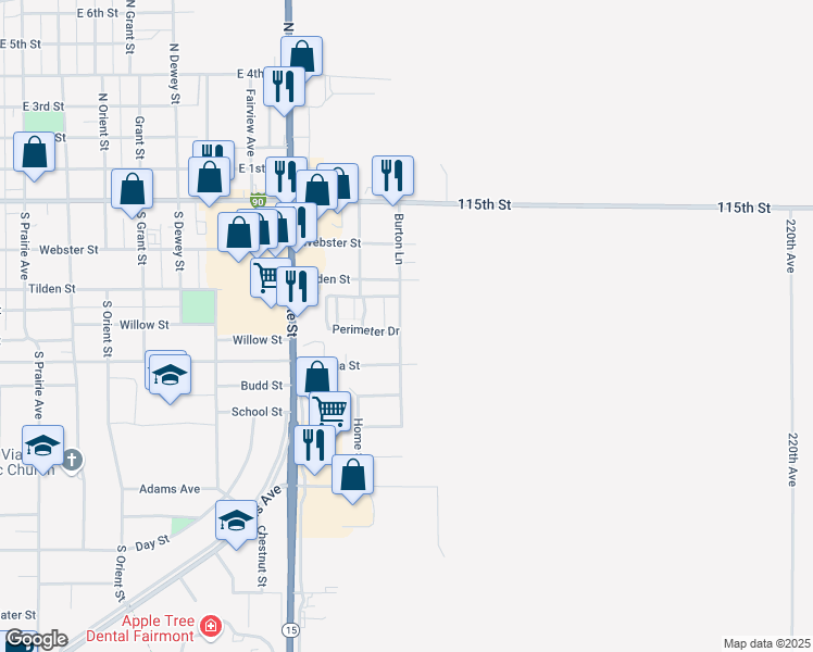 map of restaurants, bars, coffee shops, grocery stores, and more near 571 Burton Lane in Fairmont