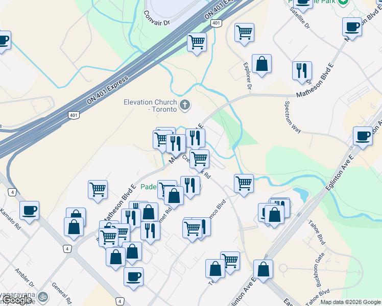 map of restaurants, bars, coffee shops, grocery stores, and more near 5277 Creekbank Road in Mississauga