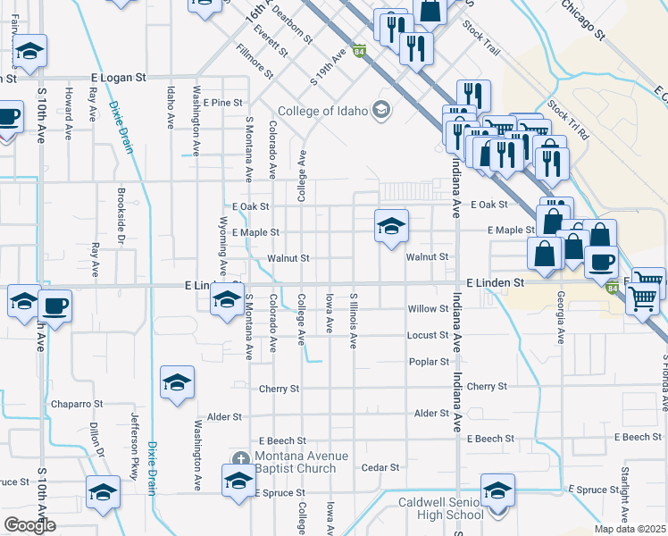 map of restaurants, bars, coffee shops, grocery stores, and more near 2409 Iowa Avenue in Caldwell