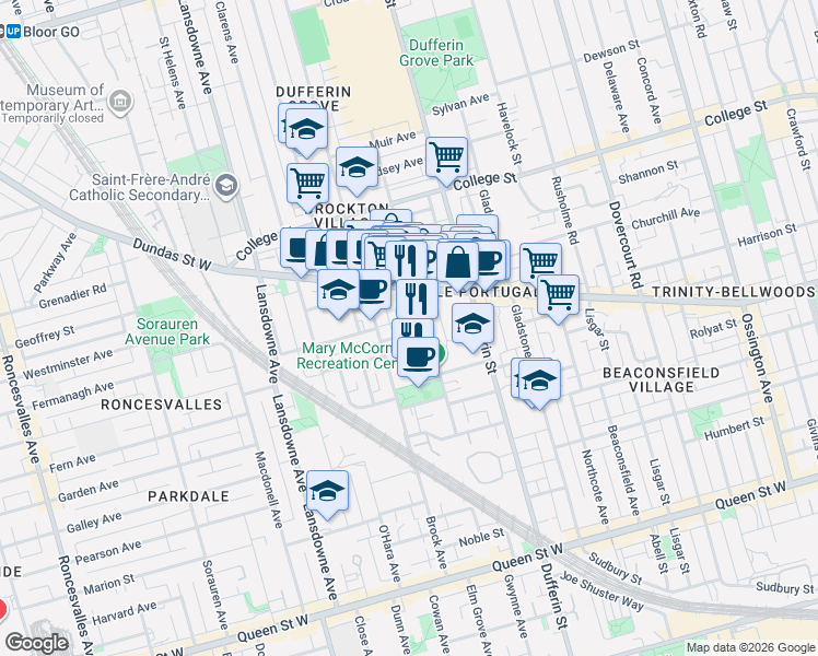 map of restaurants, bars, coffee shops, grocery stores, and more near in Toronto